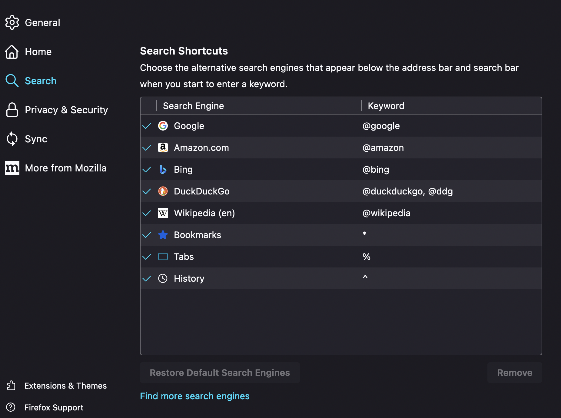 Firefox search settings Firefox search settings